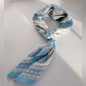 Versace Silk Scarf 36x36 Square Light Blue Ivory and Grey Baroque Pattern